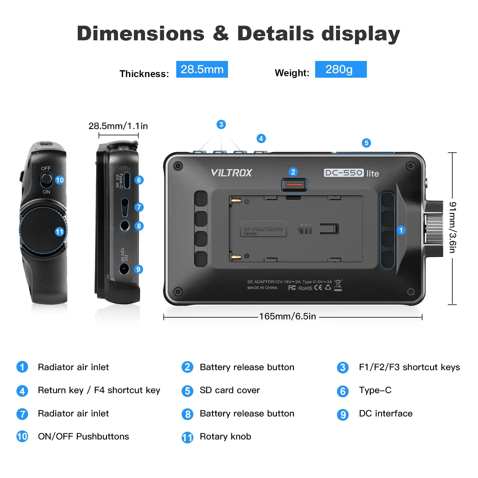 DC-550 Lite Monitor 5.5 Inch 4K 10bit HDMI Field Monitor, Touchscreen 3D LUT Exposure Focus Assis VILTROX Camera Monitor