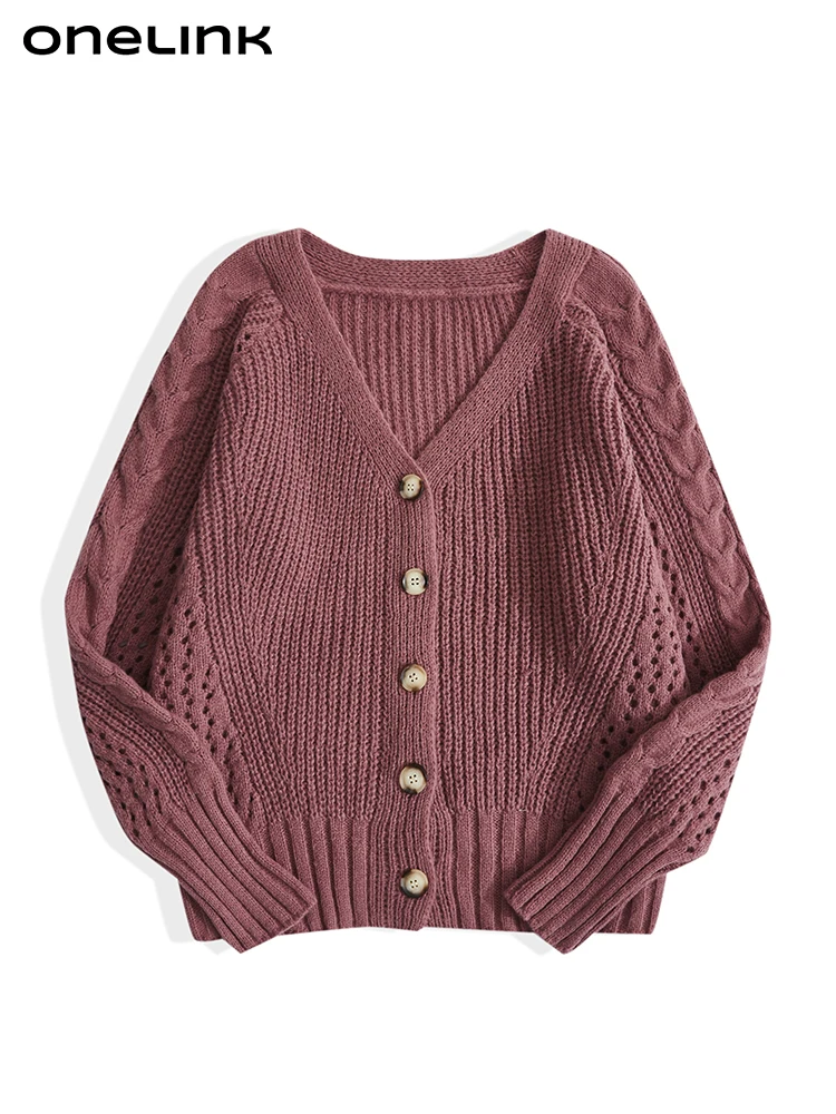 ONELINK Fuchsia Purple Red Suede Wool Plus Size Women 2022 Autumn Winter Buttons Up Cardigan Sweater Oversize Knitwear Clothing