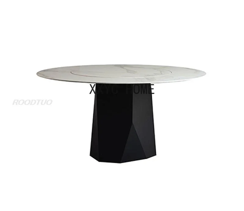 Built-in Rock Board Round Table, Light Luxury Stainless Steel Bronze Dining Table And Chair Modern Dining Room Furniture