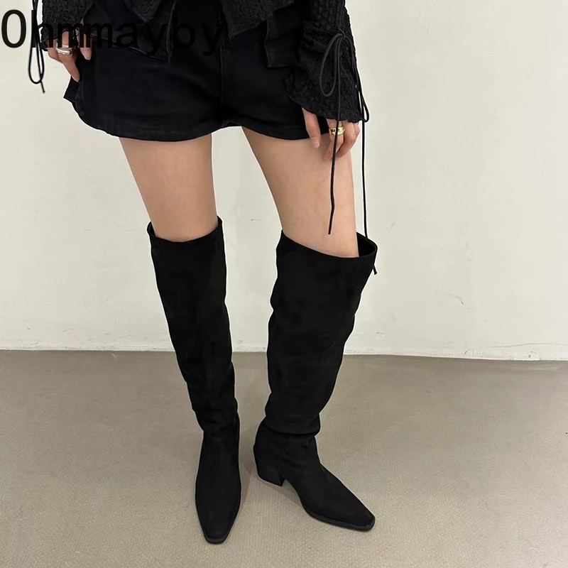 Winter Women Pleated Western Knee High Boots Fashion Slip On Shoes Thick Heel Laides Concise Long Botas De Mujer