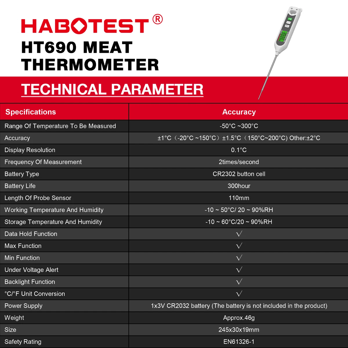 HABOTEST HT690 Instant Read Meat Thermometer Digital Kitchen Cooking Food Thermometer for Oil Deep Fry BBQ Grill Thermometer