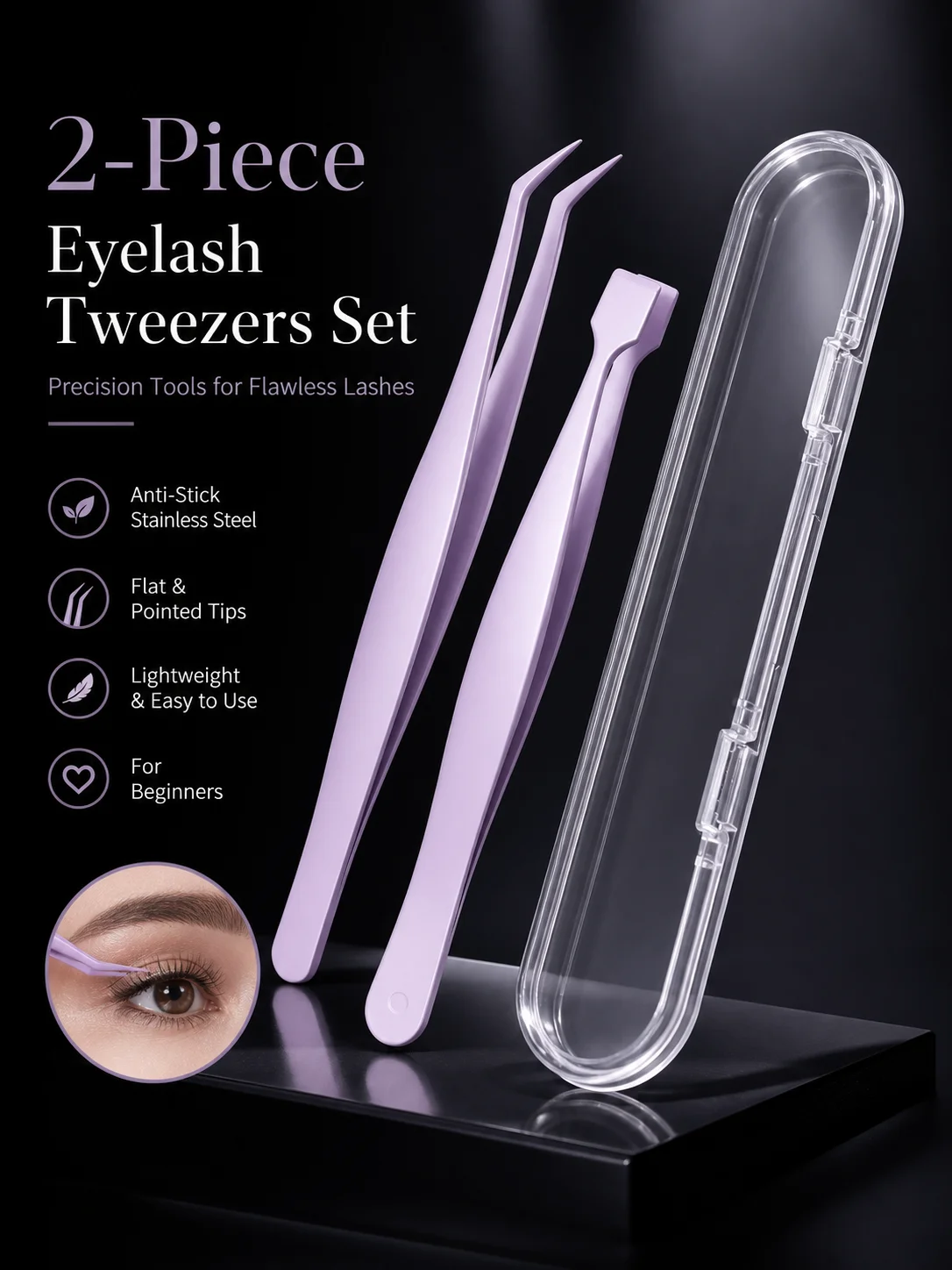 2Pcs Eyelash Tweezers Set Anti-stick Flat & Pointed Tips Glue-free Beginner Extension Tool Gold Feather Clip for Professional Us