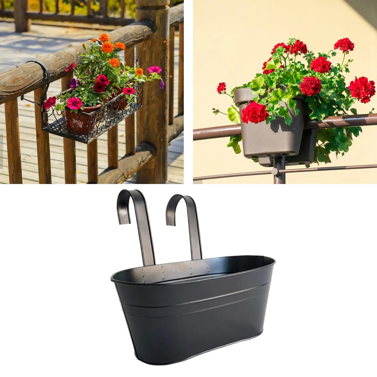 Iron Bucket Planter Hanging Flower Pot Patio Plant Pot Window Railing Flower Holder Detachable Hooks for Home Nursery Outside