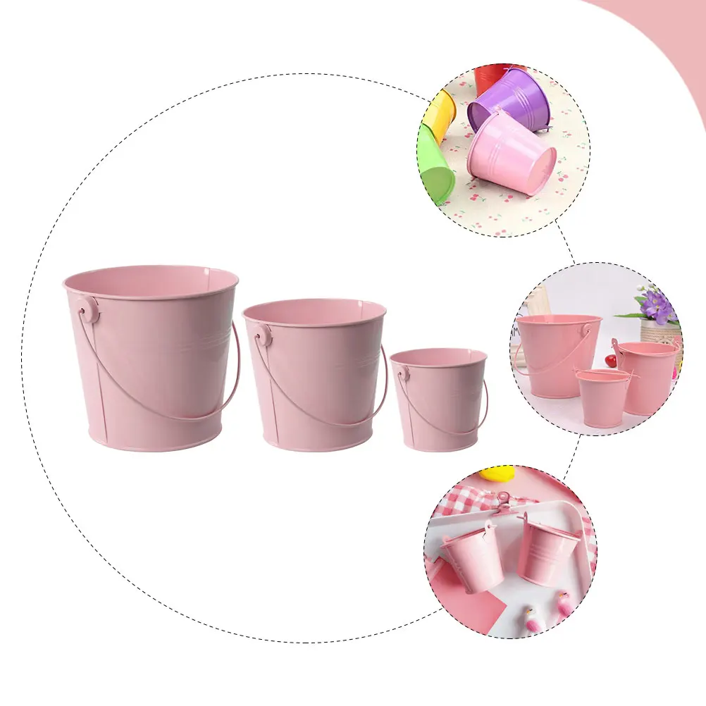 

3 Pcs Mini Iron Barrel Metal Flower Bucket Simple Pink Small Medium Large Plant Pot Home Decor Outdoor Garden Supplies