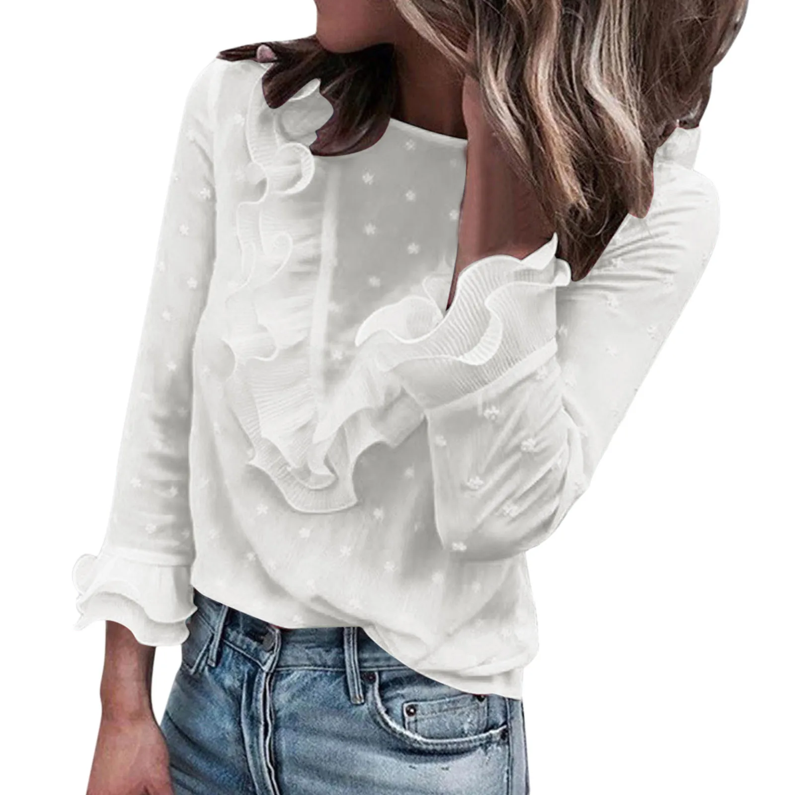 White Yellow Chiffon Blouse for Women Solid Ruffles Loose Fit Womens Tops And Blouses Elegant Ladies Jacquard Dot Shirts Tunic