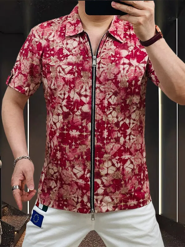 

Men's ort Sve irt Summer Faion Print Double Zipper Collar Cool Feeling Trendy Polyester Spandex Casual irt