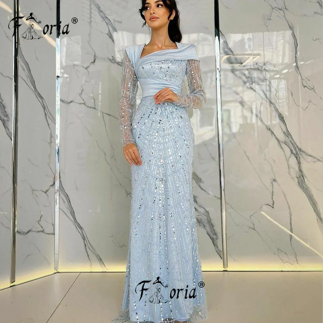 

Robe de soirée Sparkly Sequin Beading Mermaid Party Dress Sky Blue Long Sleeves Formal Evening Dresses vestidos de fiesta Dubai