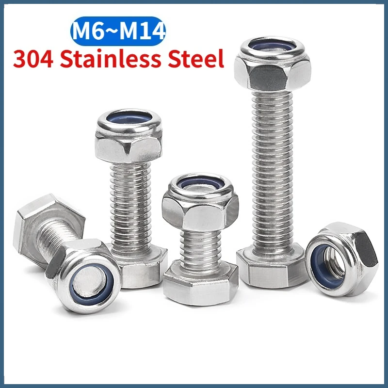Beicai Hexagon Bolts Fully Threaded Hex Screws And Nyloc Nuts Insert Nylon Lock Nuts A2 Stainless Steel M6 M8 M10 M12 M14
