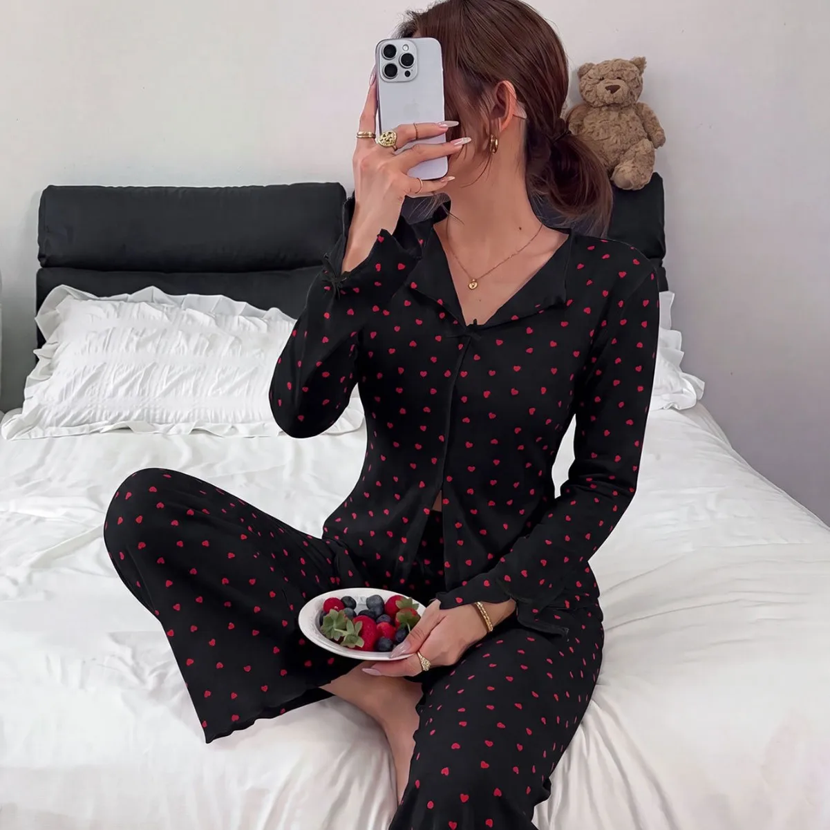 Small Lapel Pajamas Love Printed Bow Long Sleeve Trousers Loungewear Suit Women