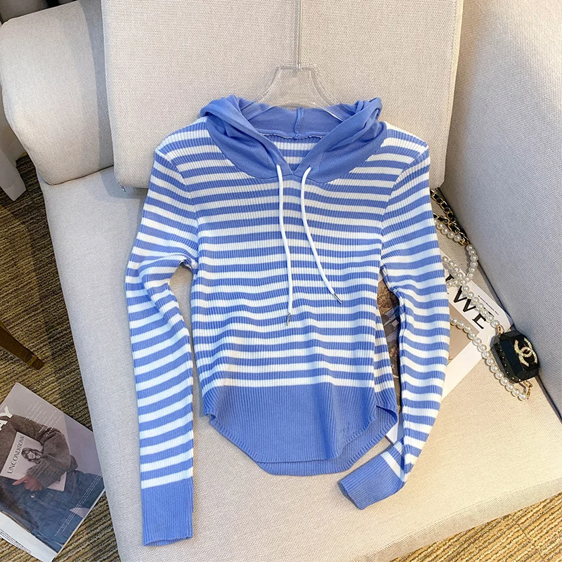 2022 Autumn Slim Sweet Stripe Hooded Pull Sweater Women Bottoming Knitted Tops Patchwork Korean Style Hoodies Knitwear Jumpers