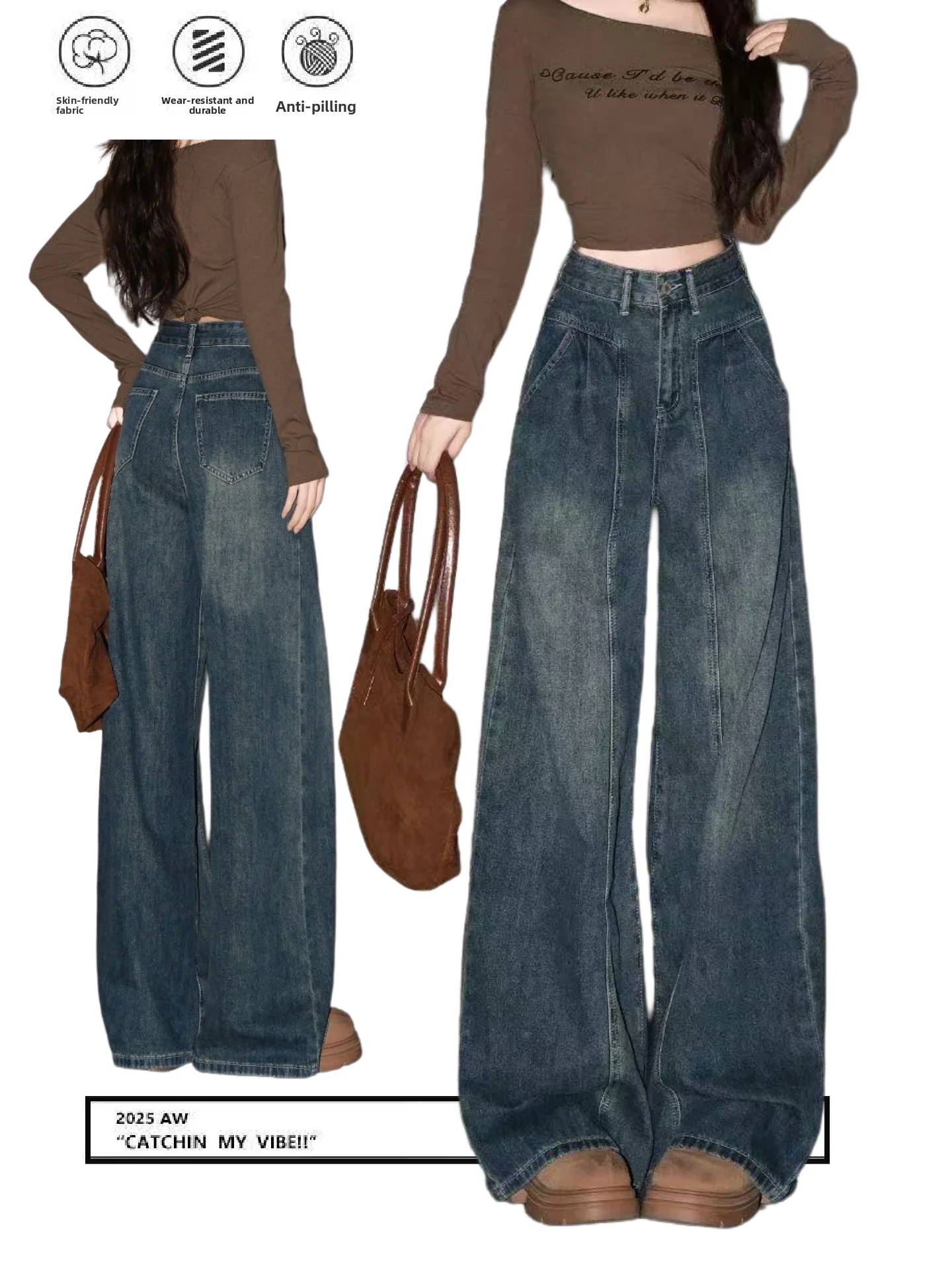 

Retro High Waist Loose Wide Leg Denim Jeans Women's Deep Blue Straight Long Pants Autumn Design Sensation Casual High Waist