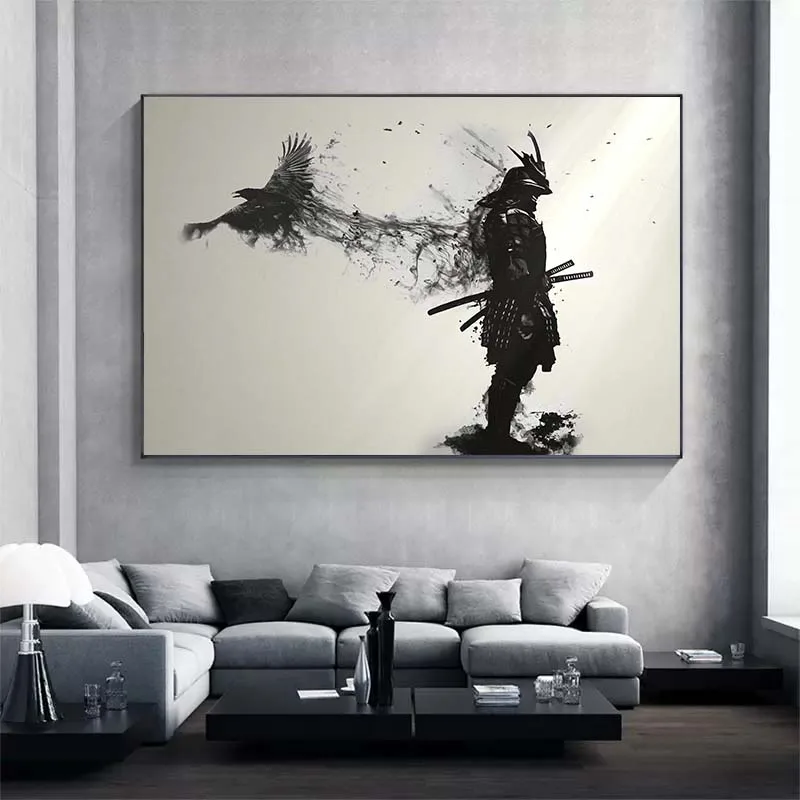 Japanese Black Samurai Man with Crow Posters and Print Black and White Wall Art Canvas Painting for Living Room Cuadros Decor
