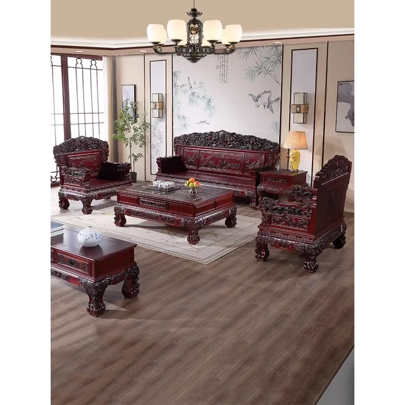 Chinese antique full solid wood carving flower sofa combination size apartment living room Ming and Qing classical full red pear