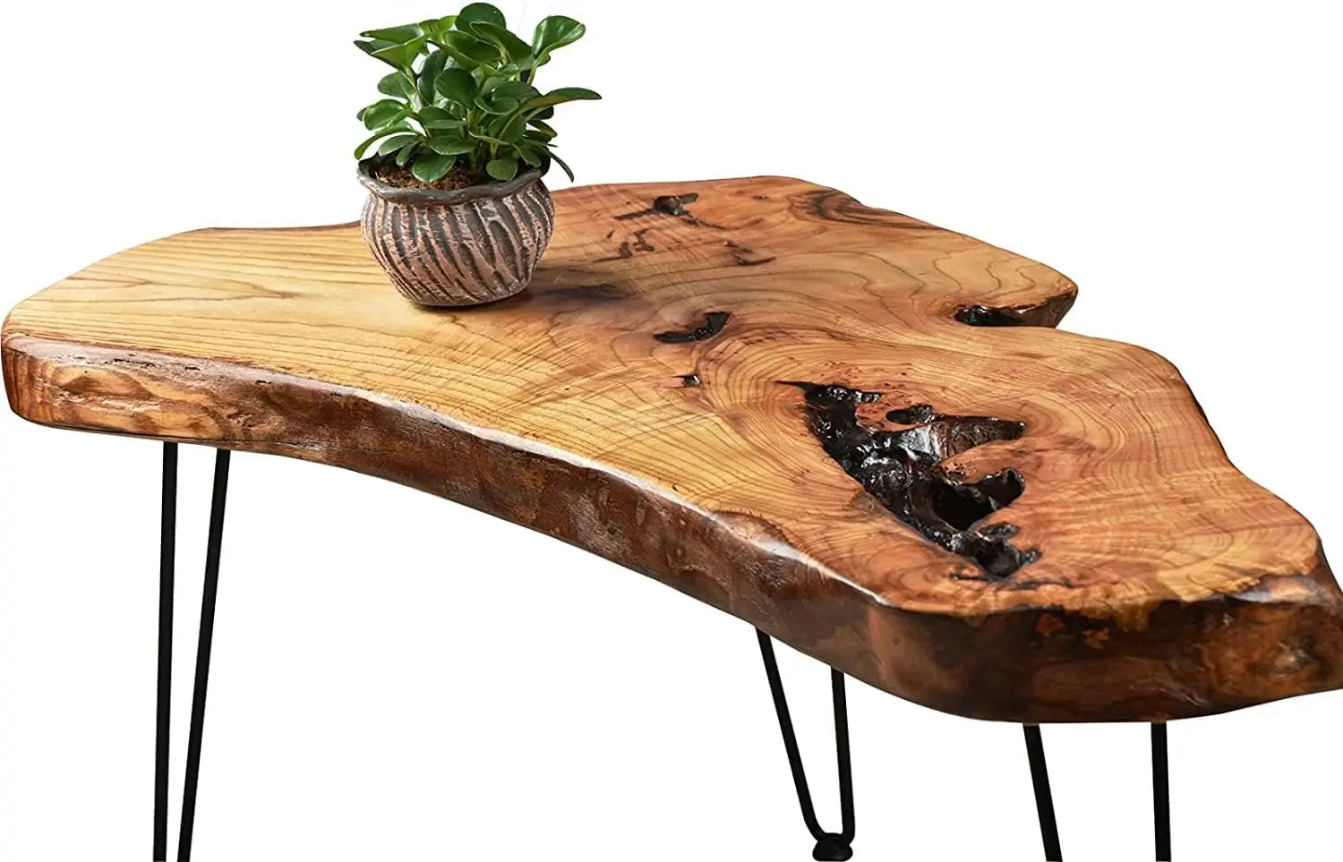 Coffee Table, Natural Wood Edge Contemporary Cocktail Table, Wood Tea Tables for Living Room with Metal Hairpin  Flower