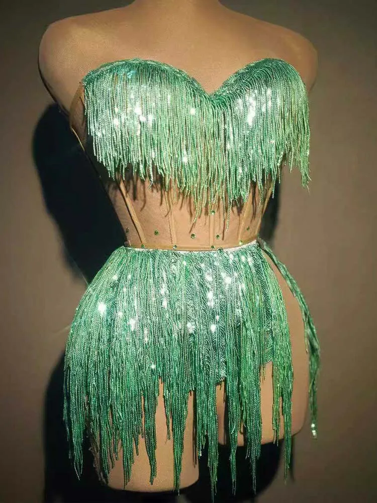 High Quality Green Hot Diamond Tassel Sexy Wrapped Chest Dress 2024 New Fashion Custom Women'S Clothing