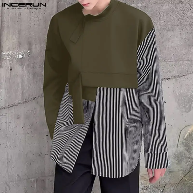 INCERUN Tops 2024 Korean Style New Men Irregular Stripe Splicing Hoodies Casual Clubwear Male Loose Long Sleeved Pullovers S-5XL