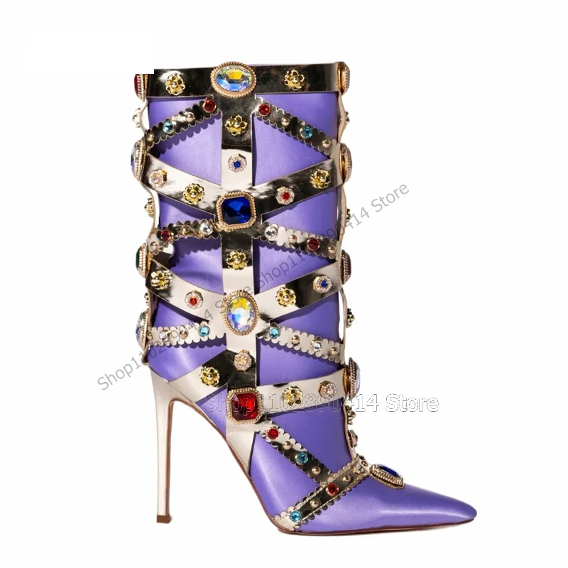 Colorful Crystal Black Purple Mid Calf Pointed Toe Boots Side Zipper Women Shoes Thin High Heels Runway 2023 Zapatos Para Mujere