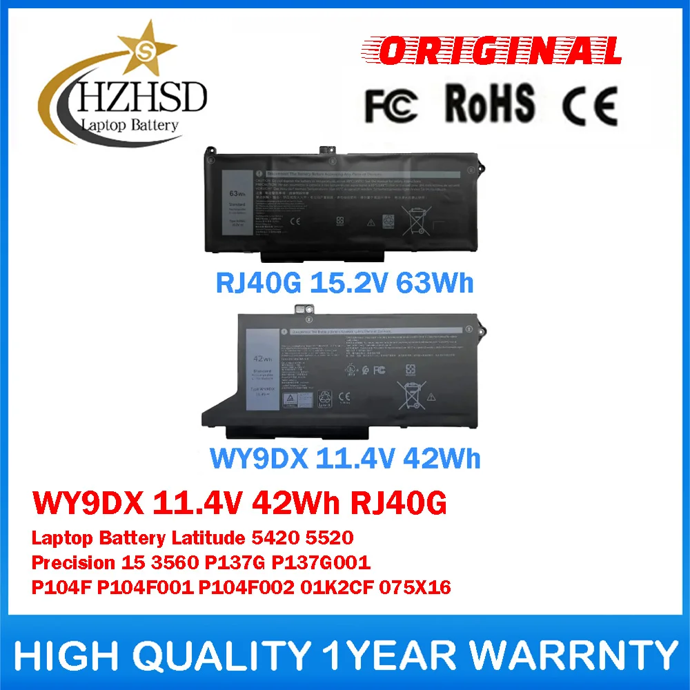 WY9DX 11.4V 42Wh RJ40G Genuine Original Laptop Battery For Dell Latitude 5420 5520 Precision 15 P137G P137G001 P104F P104F001/2