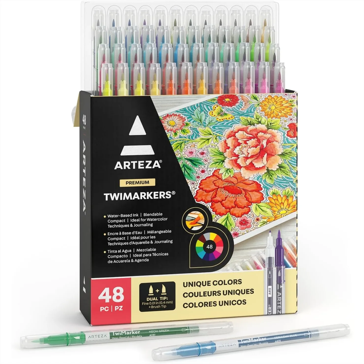 

Dual Tip Brush Markers Set of 48, Fine and Brush Tips Water-Based Ink for Coloring Sketching Lettering Journaling