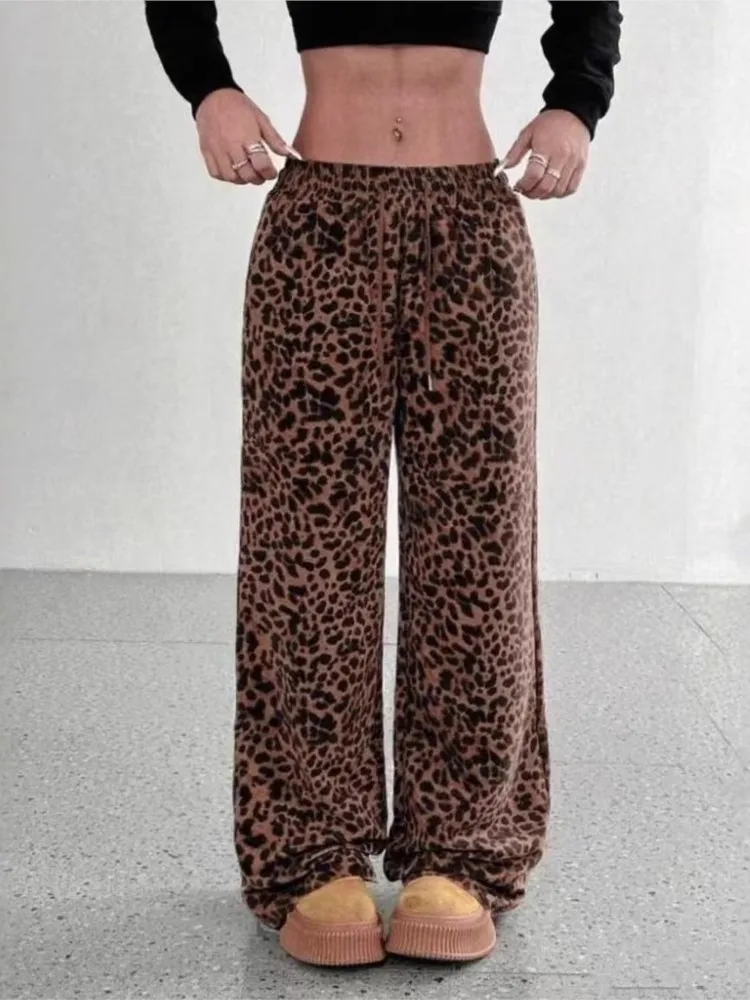 Autumn Hot Girl High-waisted Wide-leg Trousers Women's Elegant Loose Slimming Leopard Pattern Mopping Casual Versatile Pants