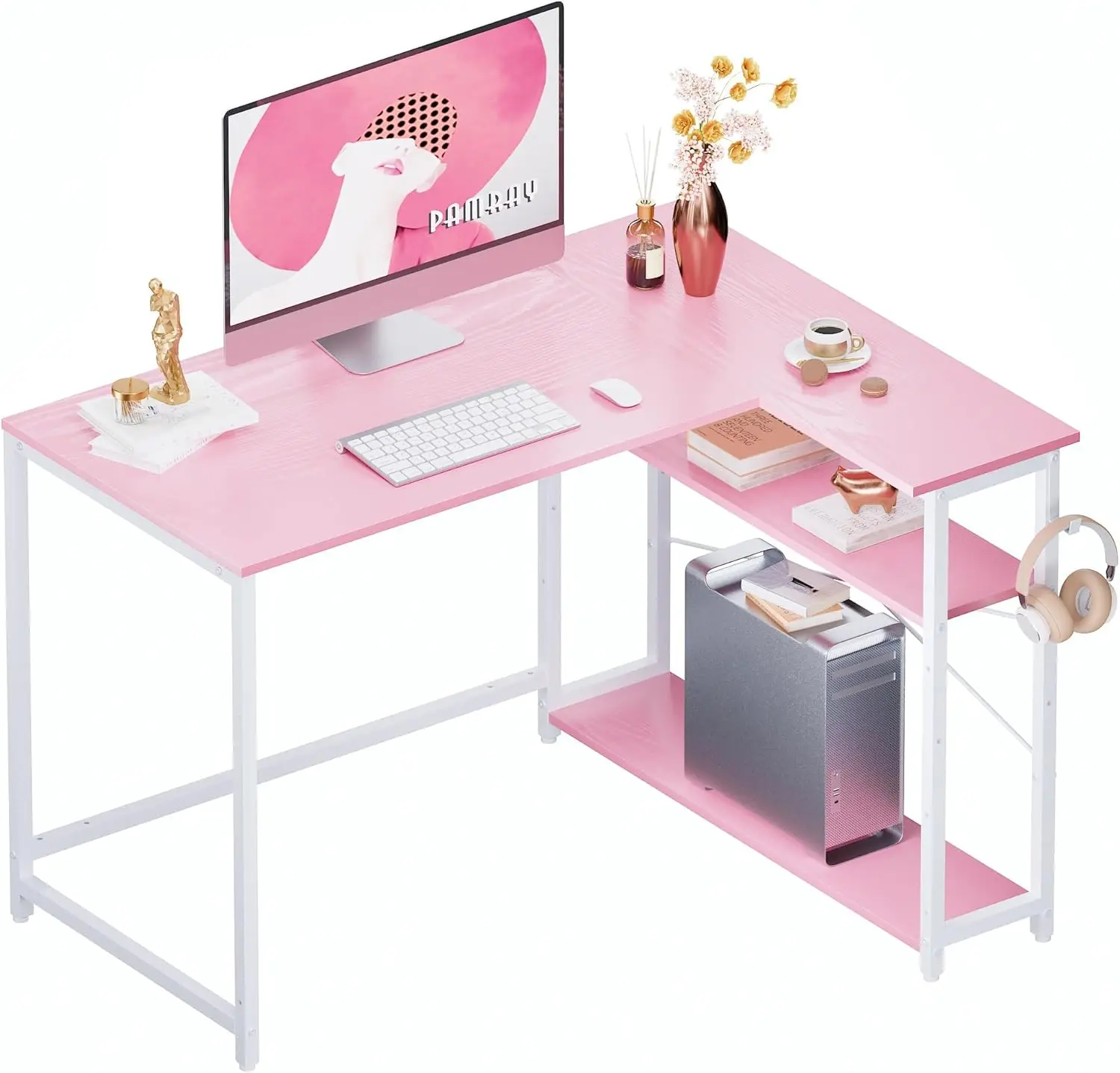 

43 Inch L-Shaped Corner Desk with Reversible Shelves, Pink and White Study Table for Small Space Home Office