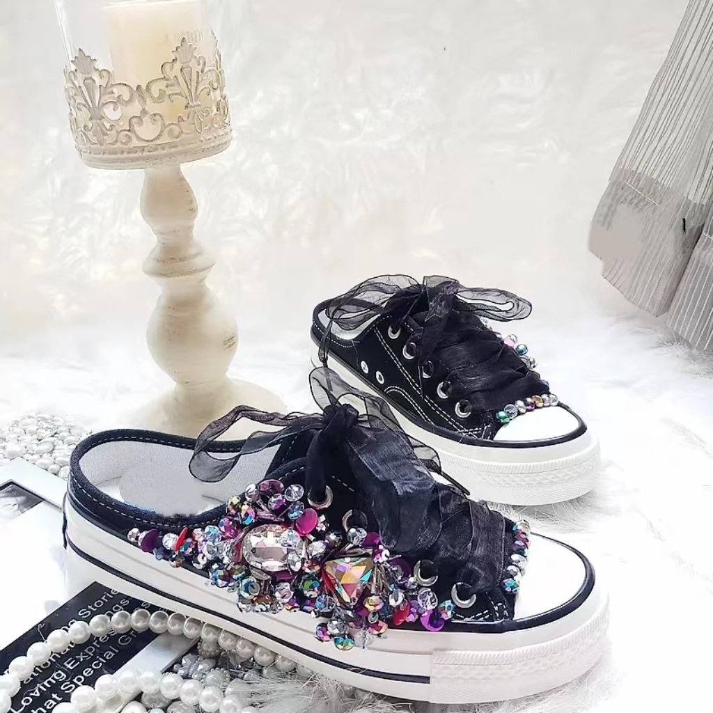 

Женская обувь ручной работы из бисера и драгоценных камней, блесток, стразы, шнуровка, низкие повседневные удобные холщовые тапочки, размеры 35-42