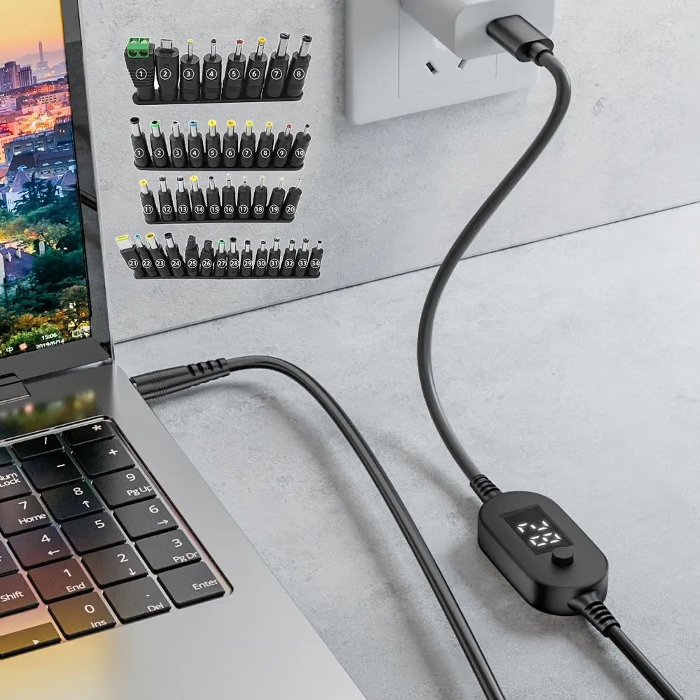 Digital Display USB C to DC 5525 Converter with 28/34 Connector Tips 5V/9V/12V/15V/20V Type-C to DC Power Cord Fast Charging