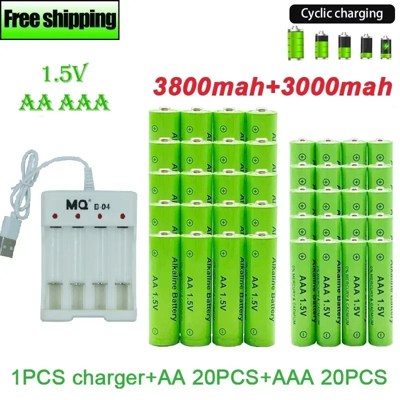 

AA +AAA Battery New 1.5VRechargeableBattery AA3800MAH AAA3000 with USBCharger for LED Flashlight Flashlightorelectronicdevices