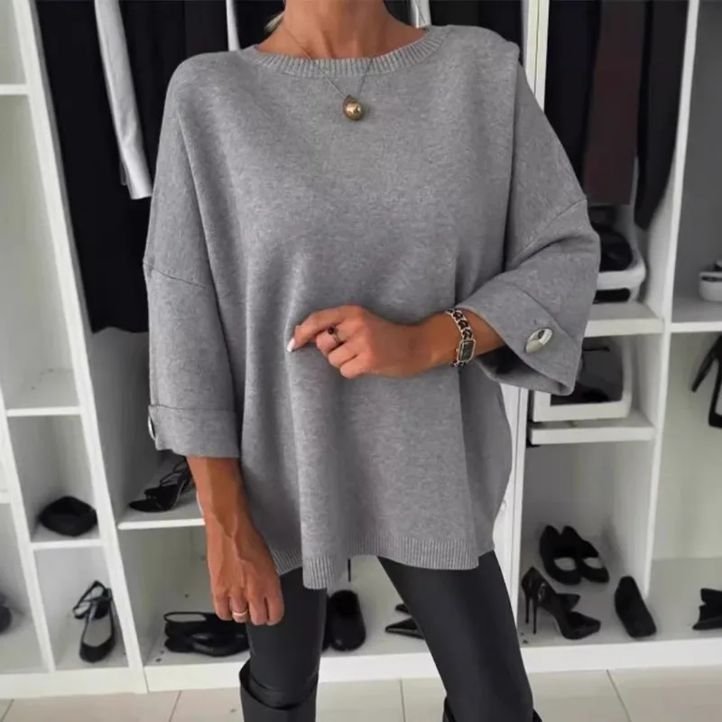 Women European Solid Color Round Neck 3/4 Sleeve Knit Top Loose Casual Pullover Sweater