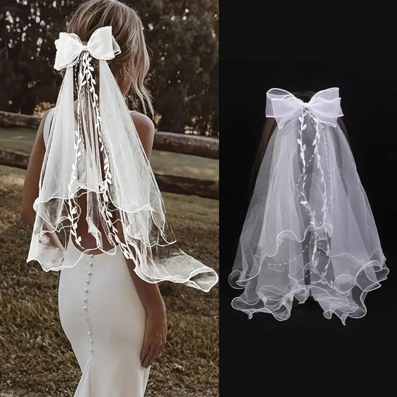 Bridal Veil Women's Tulle Two Layer Simple Elegant Bow Lace Edge Wedding Veil With Clip For Wedding Party