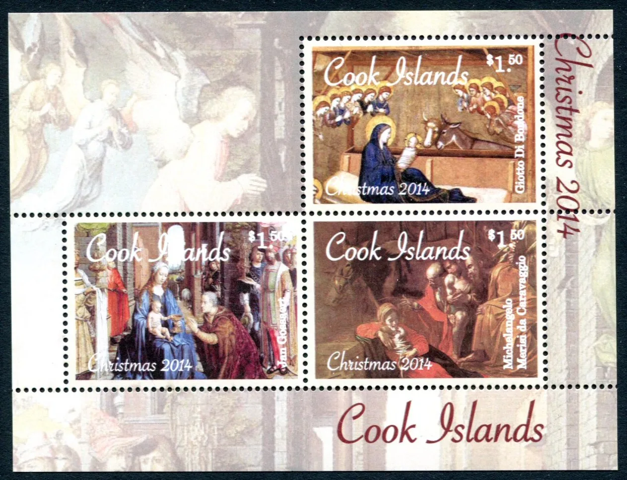 Image of Cook Islands Post Y2014 Weihnachtsstempel „Cowshed Birth“, 1 Blatt, 3 neue postfrischige Sammelbriefmarken, Material für Scrapbooking