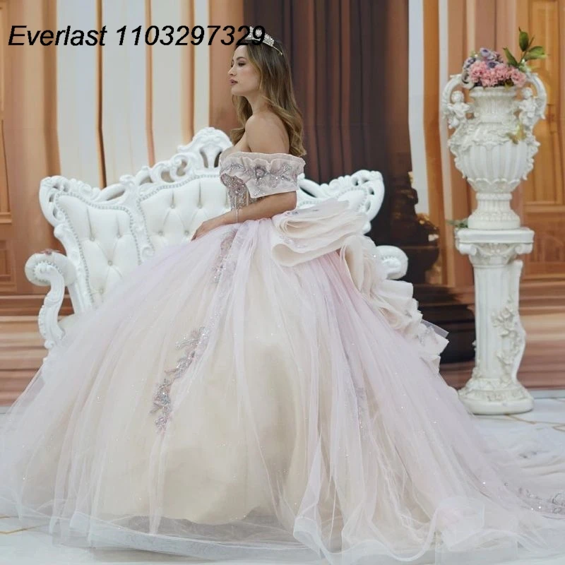 EVLAST блестящее платье для Quinceanera бальное платье Кружевная аппликация бисером кристаллами корсет с оборками милый 16 Vestidos De XV 15 лет TQD683