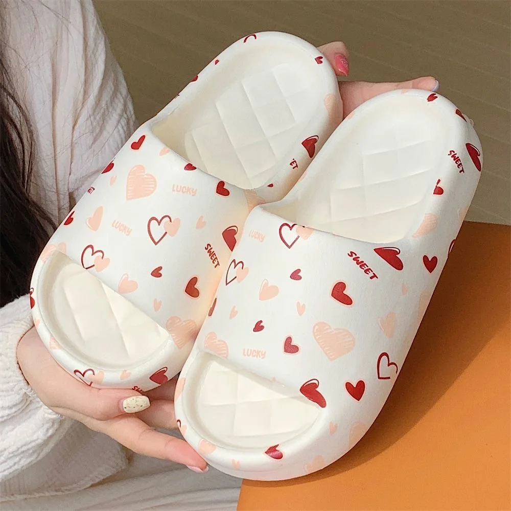 Cute Love Print Design Thick Sole Women Slippers Slides Bathroom Beach Indoor Sandals Summer Couple Shoes