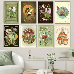 Retro Funny Hippie Frog Garden Mushroom Knitting Animals Cottagecore Poster Canvas Painting Wall Art Pictures Home Decor Gift