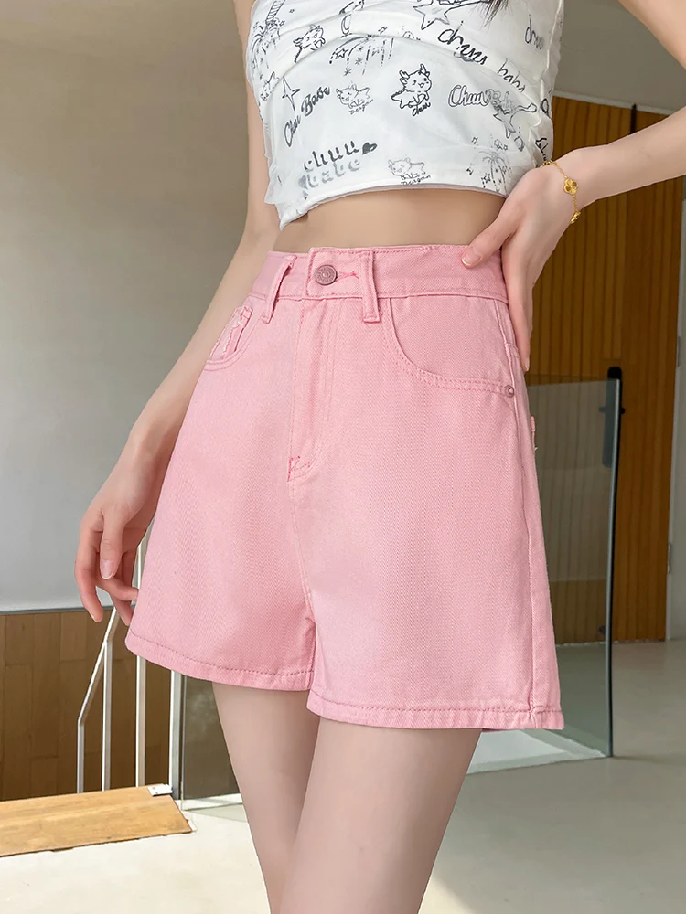 Denim Tipis Pinggang Tinggi Orts Wanita Musim Panas Kasual Longgar Fit A-Line Multi-ket Ritsleting Katun Terbang Poliester Campuran Ors