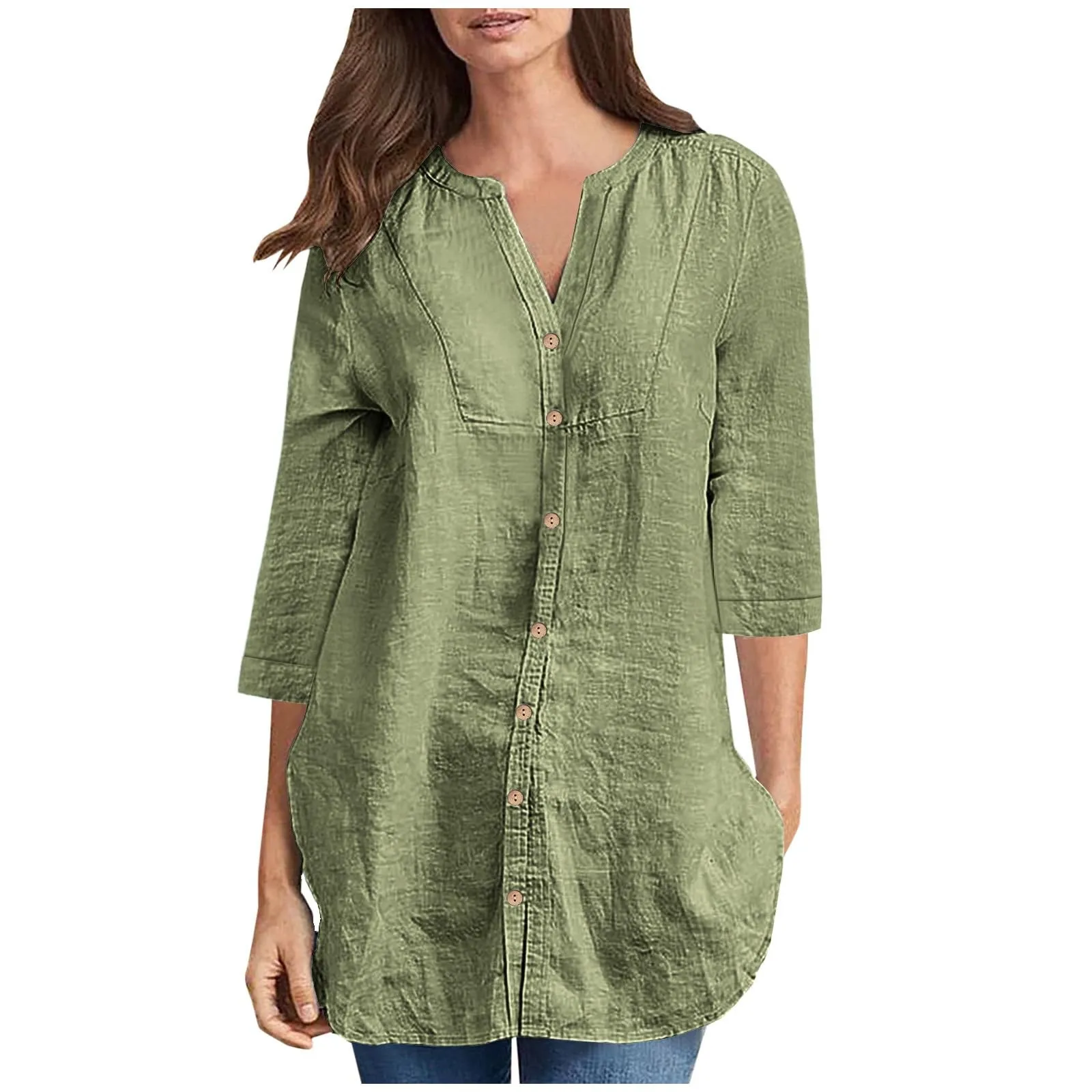 Spring Summer Women\'s Shirt Loose Casual Solid Colour Cotton Linen Medium Long Shirt Fashion V Neck Single Row Button Blouse