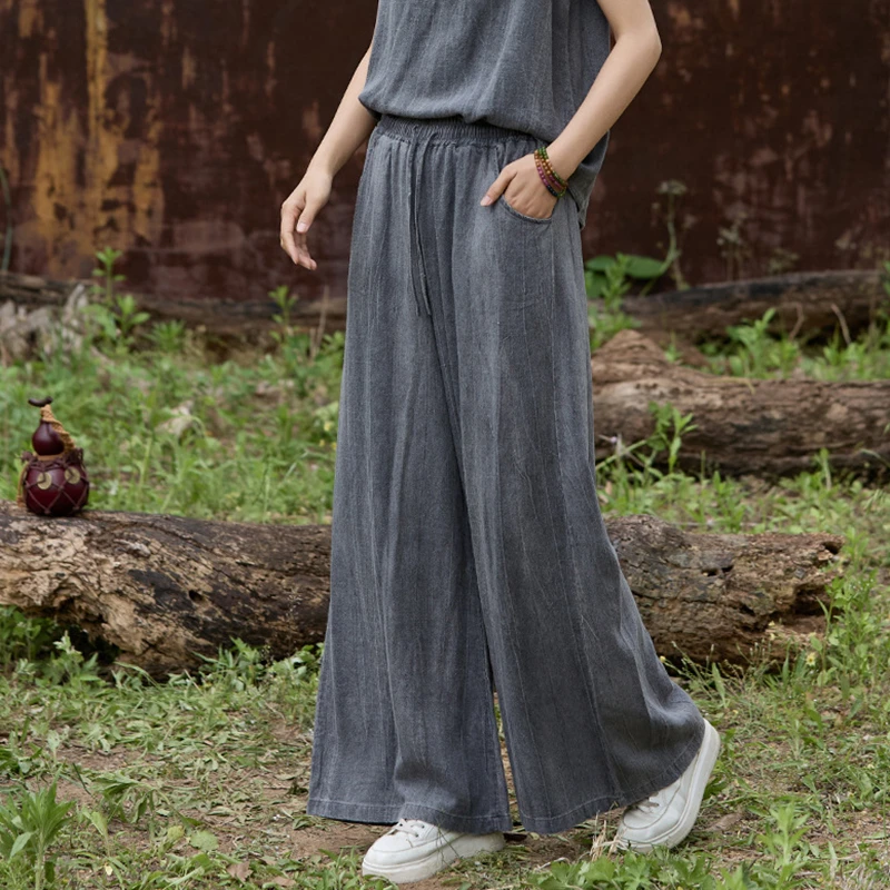 

High Waist Cotton Linen Wide Leg Pants Women New Arrival 2025 Spring Vintage Style Tie Dye Loose Female Casual Trousers M1650