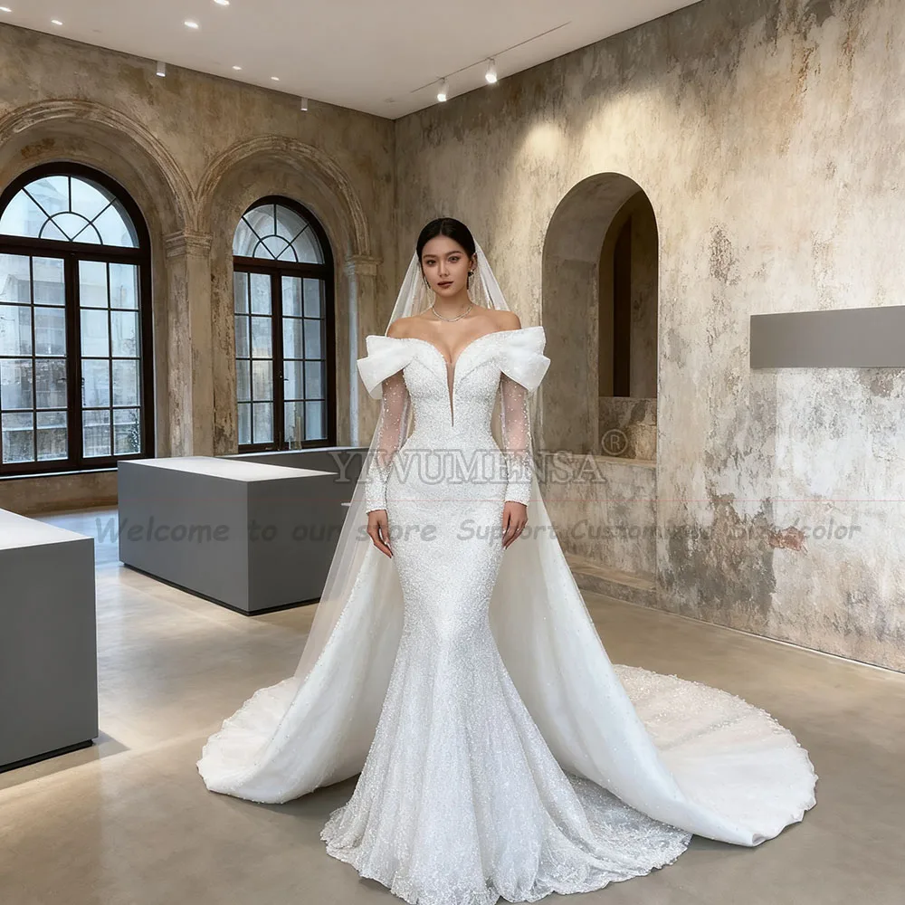 Esclusivi abiti da sposa a sirena con spalle scoperte con strascico staccabile Perle che bordano abiti da sposa Robe De Mariee personalizzato 2026