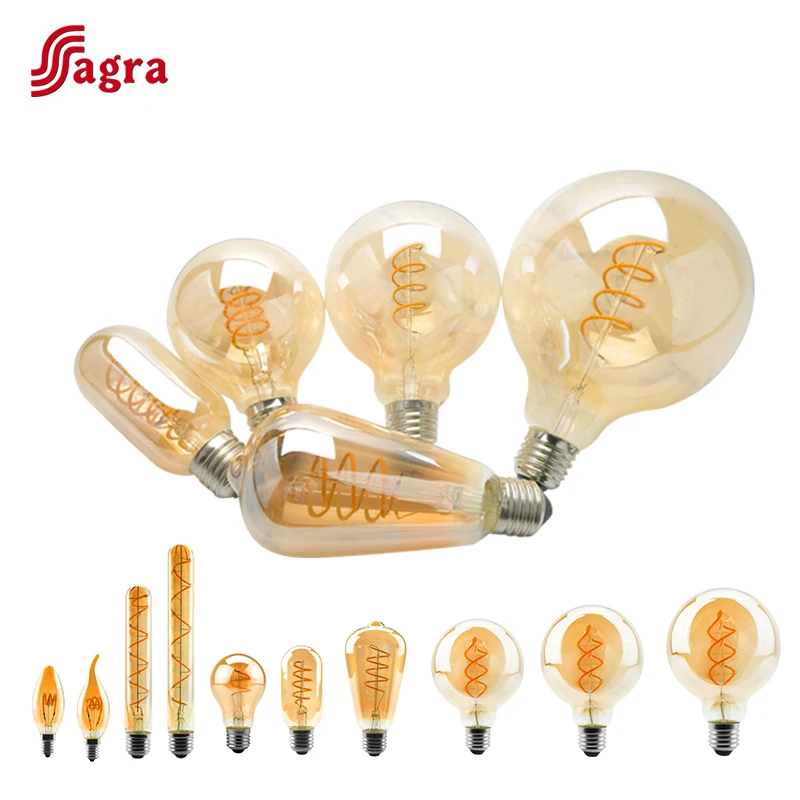 LED Filament Bulb C35 A60 T45 ST64 T185 T225 G80 G95 G125 Spiral Light 4W 2200K 220V Retro Vintage Lamps Decorative Edison Lamp