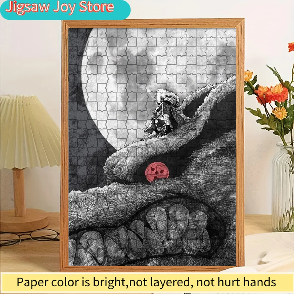 

Jiraiya and Kurama Paper Puzzle, Anime Character Riding Nine-Tails Fox with Red Sharingan Eye Under Full Moon in Manga Sketch St