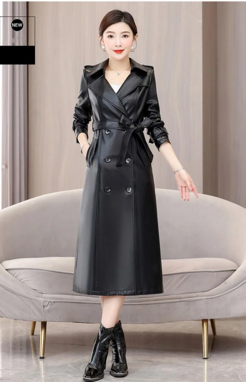 Outono inverno duplo breasted longo luxo engrossar jaqueta de couro falso trench coat feminino faixas designer moda casaco