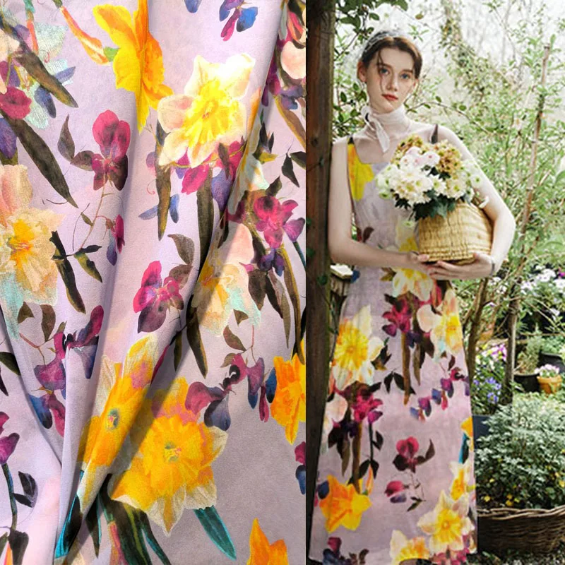 Crepe Italian Luxury D Brand Yellow Flowers 100% Mulberry Silk Fabric Georgette Fashion Cloth Shirt Dress Sewing Per Meter Mater