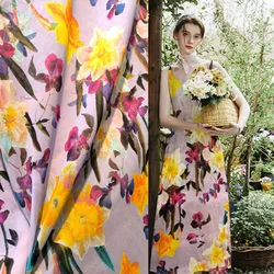 Crepe Italian Luxury D Brand Yellow Flowers 100% Mulberry Silk Fabric Georgette Fashion Cloth Shirt Dress Sewing Per Meter Mater