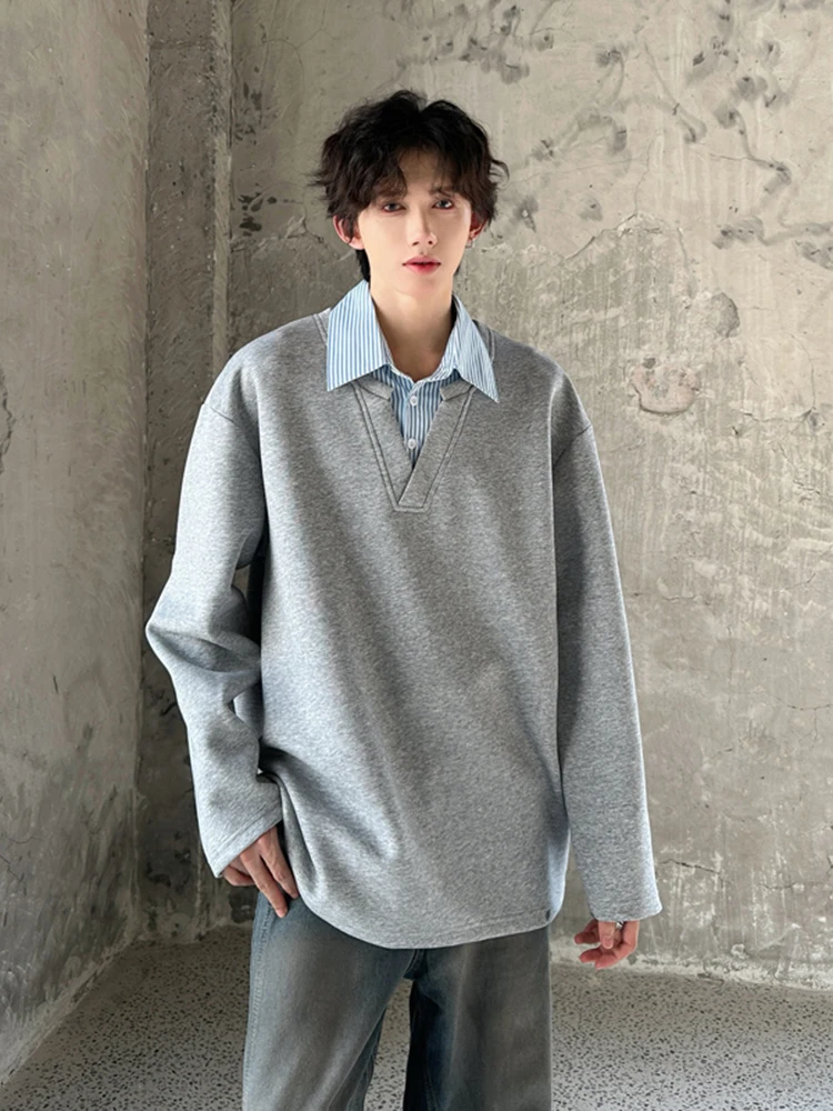 

Мужская толстовка с V-образным вырезом и длинным рукавом, с воротником-стойкой, оверсайз, повседневный топ, весна-осень, плотная, имитация двухслойности, уличный стиль