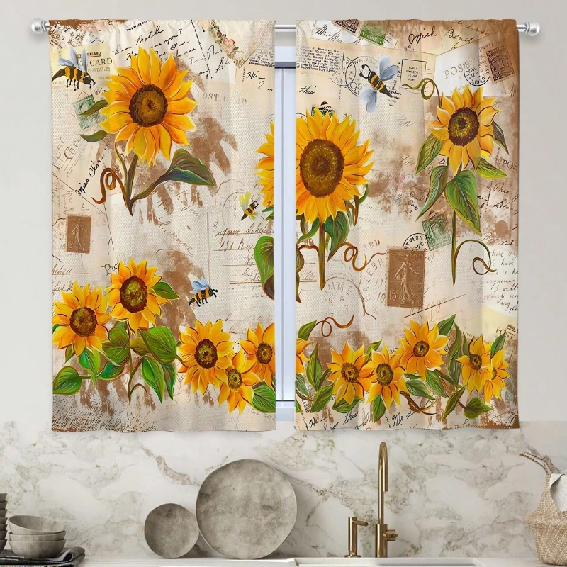 2 PCS Rustic Sunflower Kitchen Curtains Hot Sale Vintage Floral Butterfly Pattern Cafe Curtain Layer Home Decor Blackout Fabric