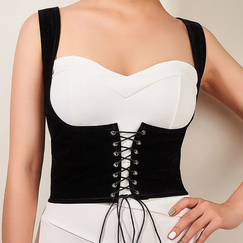 Y2K Corset Bustier Crop Top Lace-up Bandage Black PU Leather Underbust Suspender Cami Vest Waist Bodyshaper Tank Cummerbunds woe