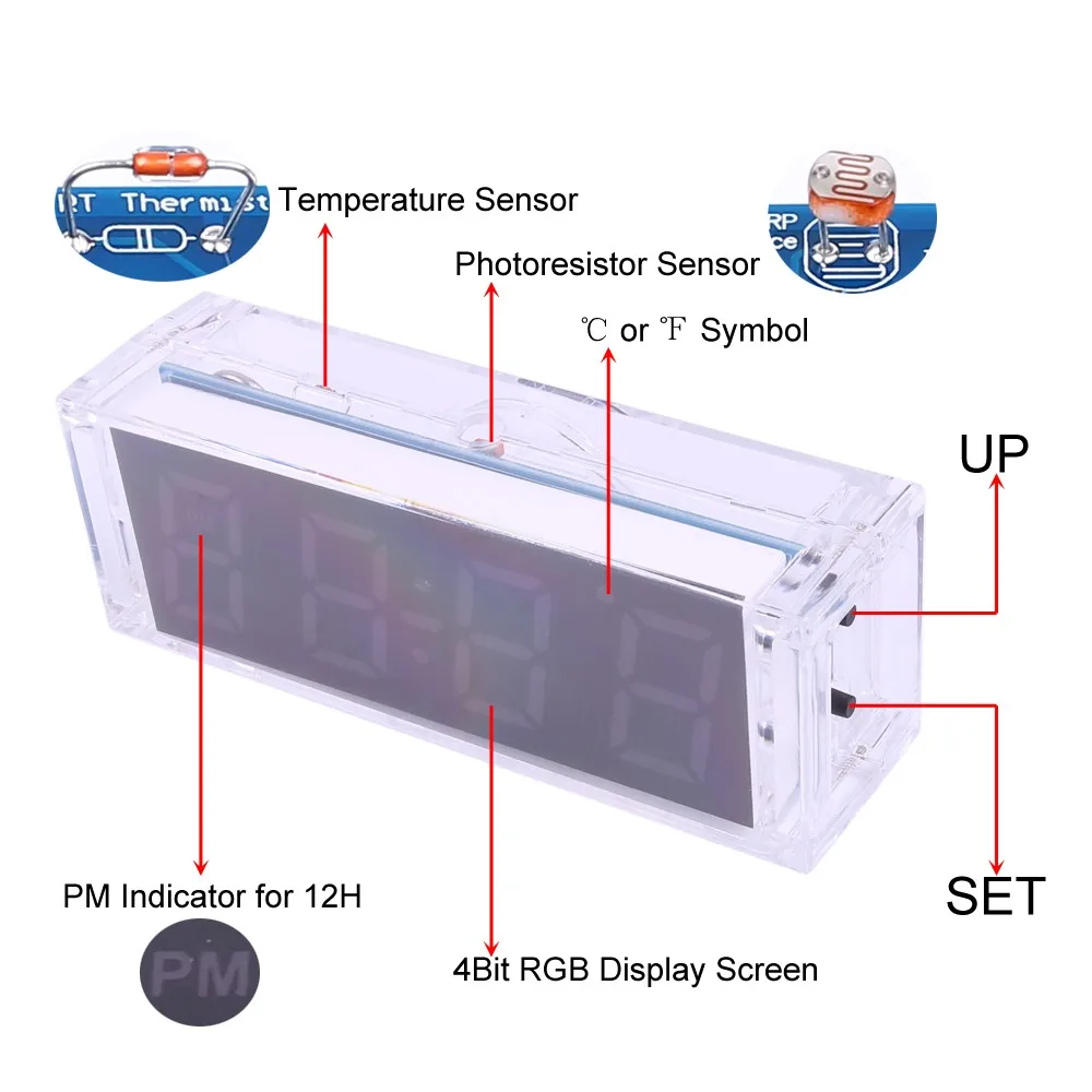 Electronic Clock DIY Kit Temperature Meter Digital Colorful LCD Display with Alarm Time/Date DC 5V 4 Bit Soldering Practice