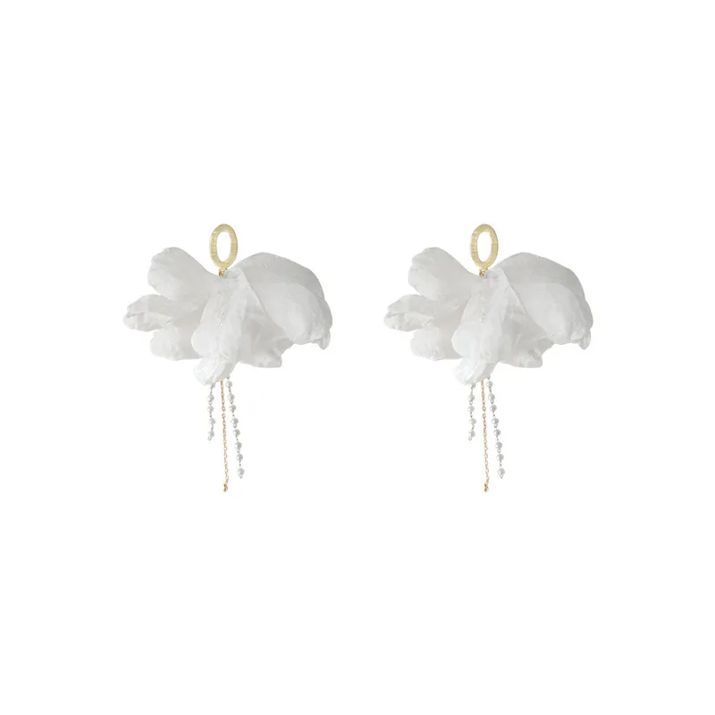 DIY accessories Super fairy fabric tassel earrings women's long sweet temperament bridal earrings personalized fashion show face view 5