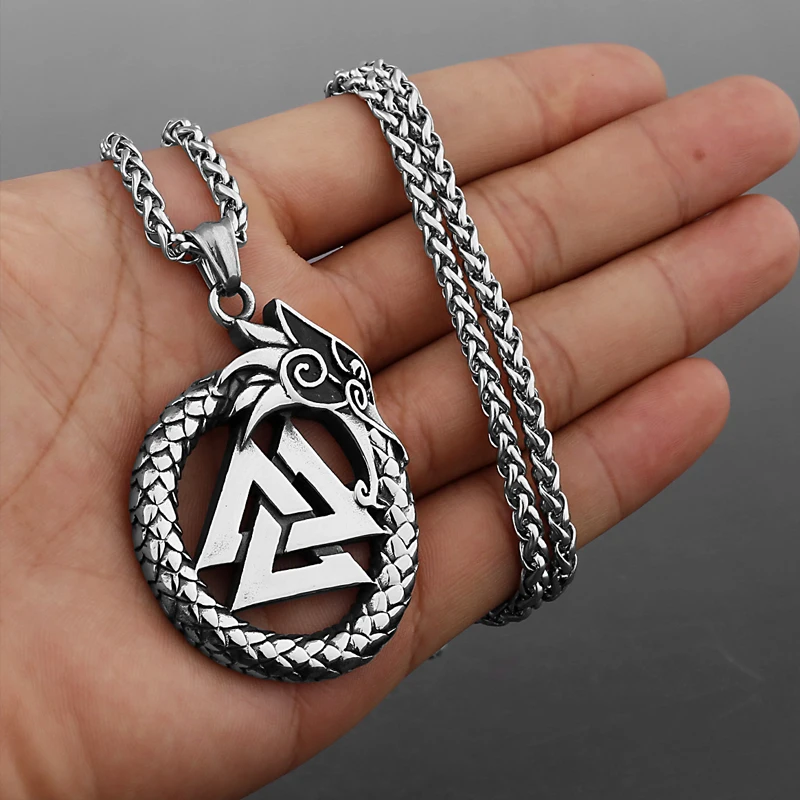 Unique Design Viking Ouroboros Pendant Stainless Steel Men Vintage Nordic Dragon Necklace Classic Scandinavian Valknut Jewelry