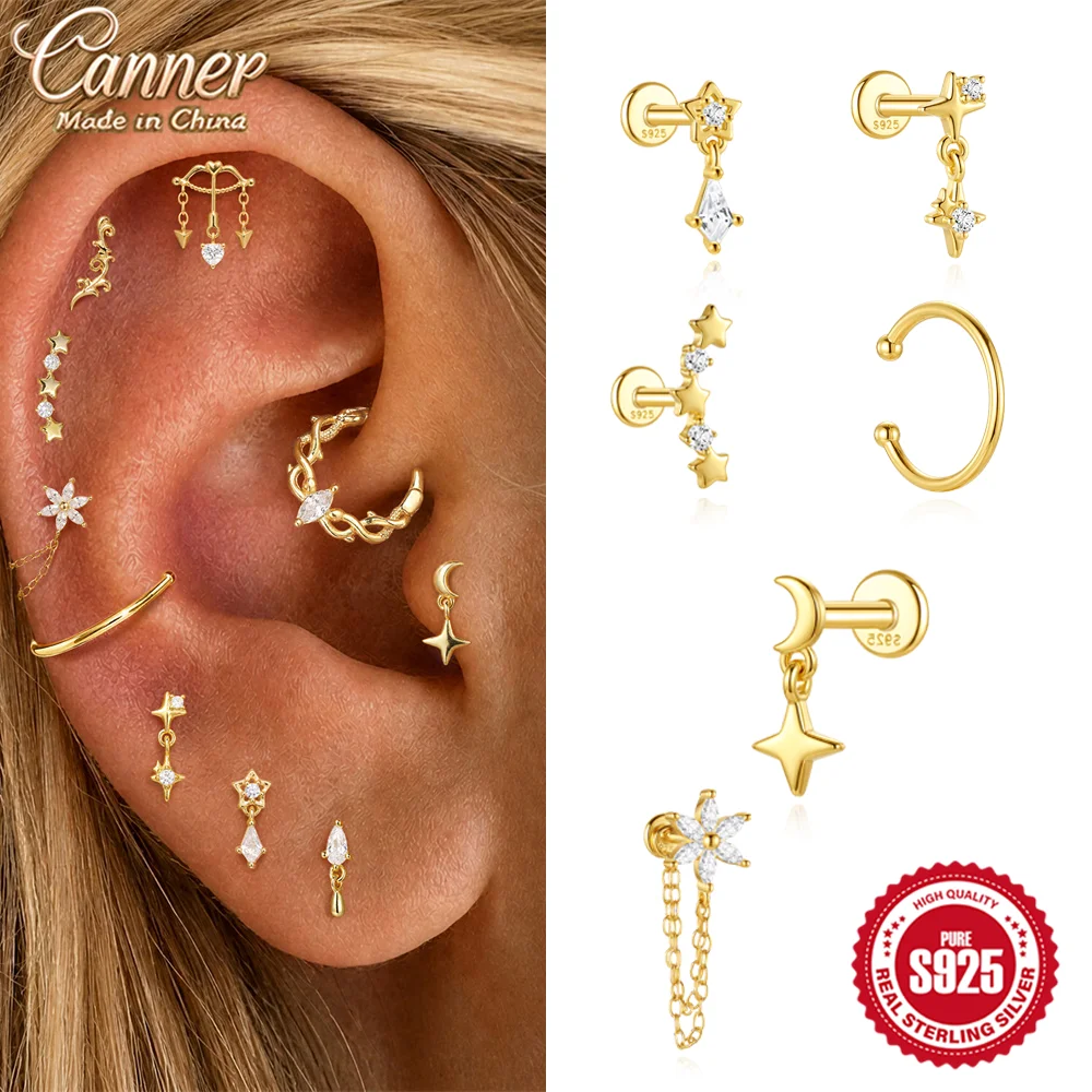 CANNER 925 Sterling Silver CZ Ins Pendants Mini Piercings Dangle Earring Rings Flowers Tassel  Helix Ear Stud Women Jewelry Gift